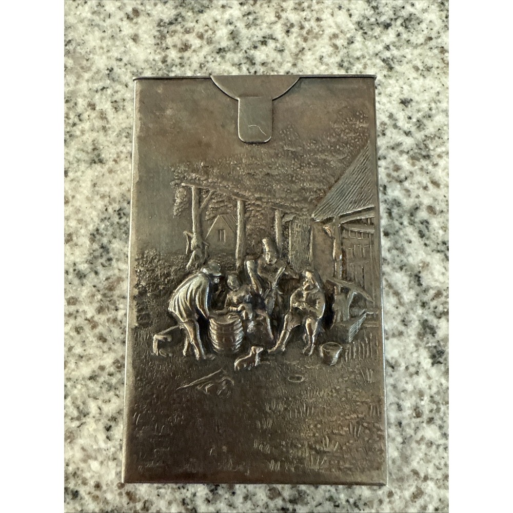 Vintage Cigarette Case Silver Plated Embellished Family Life‎ Scene Denmark